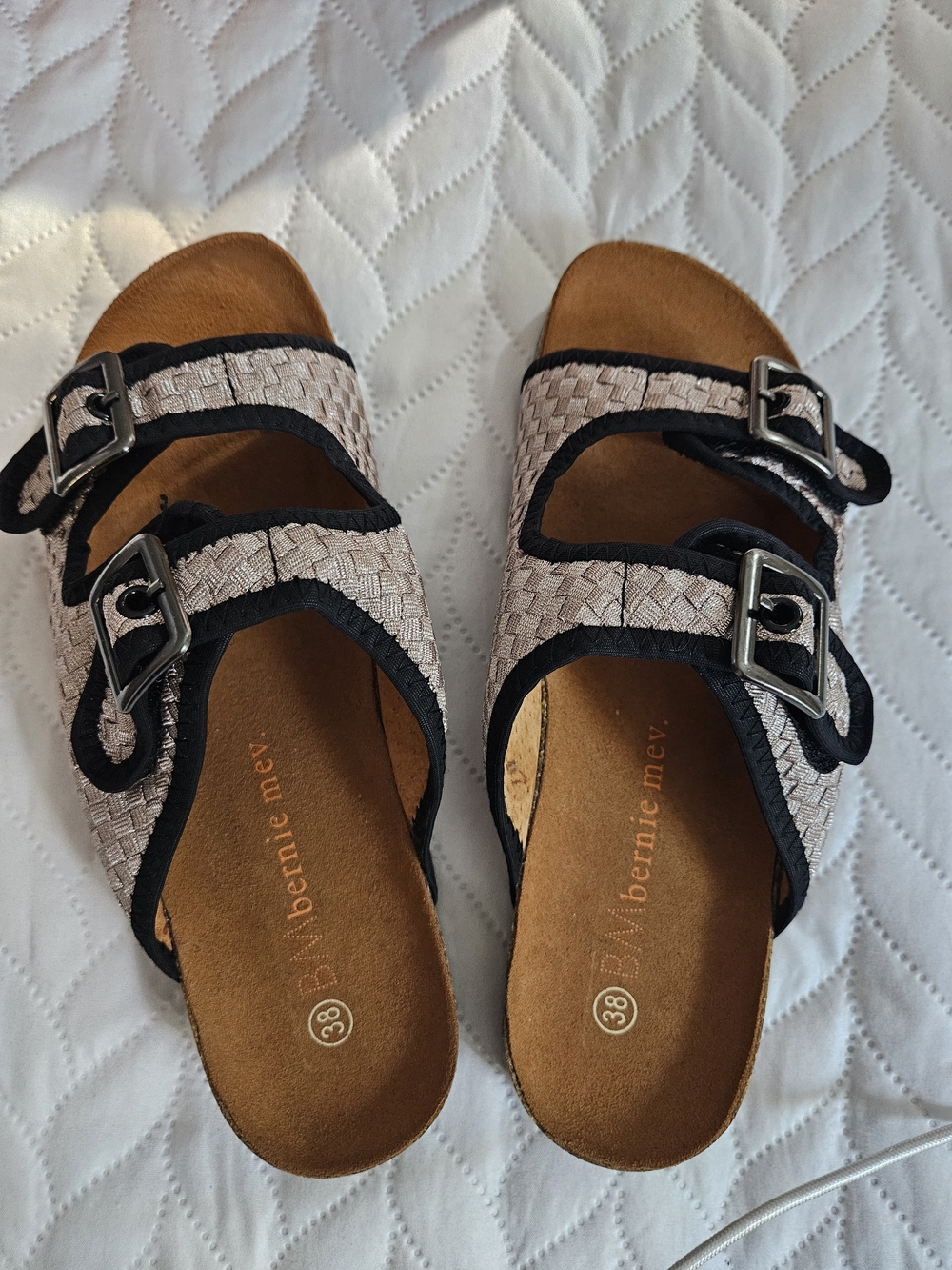 bernie mev. Beige Woven Double-Buckle Slide Sandals with Black Trim